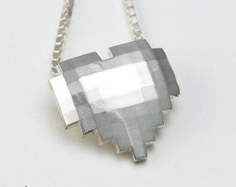 Sterling Silver Pixel Heart Pendant | Retro 8-Bit Gamer Jewelry | Video Game Charm Necklace