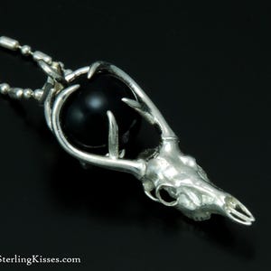 Sterling Silver Deer Skull Pendant with Black Glass Bead - Nature Inspired Gothic Jewelry