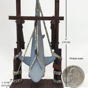 Pu&ograve; includere: Una statuetta di squalo grigia appesa a una cornice di legno con una corda. La cornice &egrave; alta 10 cm e larga 5,5 cm. La statuetta &egrave; etichettata "Jaws" ed &egrave; su una scala da flipper.
