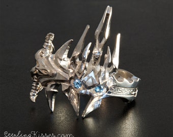 Frost Lich Krieger König Ring in Sterling Silber blaue Aquarium Nachahmung Edelsteine