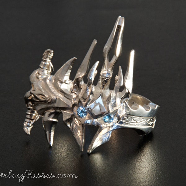 Frost Lich Warrior King Ring in sterling silver blue aquarium imitation gemstones