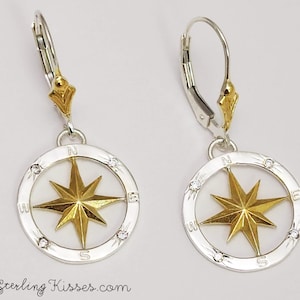 Elegant Compass Earrings in Sterling Silver with CZ Accents and Gold Plating