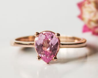 14K Solid Gold Pink Sapphire Ring / 14K Gold Drop Pink Sapphire Ring