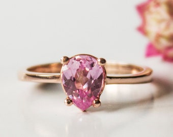 14 kt massief gouden peerroze saffierring, in lab gemaakte edelsteen