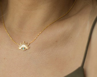 14K gouden ketting met stralend oog | Minimalistische boze oog talisman met turkoois en zirkoon