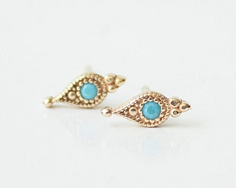 14k Gold Turquoise Teardrop Earrings - Granulated Minimalist Studs