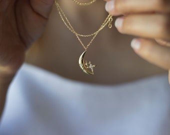 14K massief gouden ketting met maan en ster