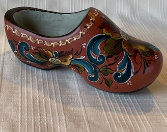 Hand Made Delightful Norwegian Wooden &quot;Tresco&quot; Shoe or Clog with Lovely Rosemaling