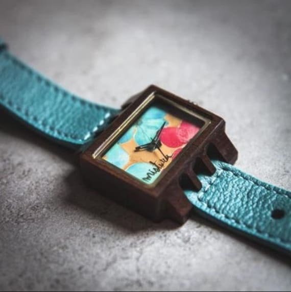 Wooden Watch , Lenzo Design , Dark Blue Flowers Mistura - Lenzo Flower Collection | Watches Wooden main image 2