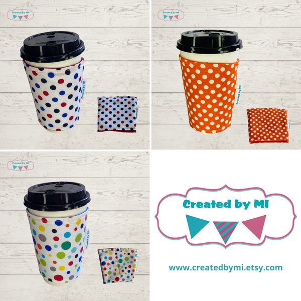 Hot or Iced Fabric Coffee Sleeve- coffee coozie- cup sleeve- Dots