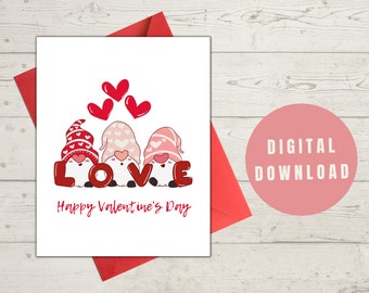 PRINTABLE Happy Valentine's Day Gnome Card Digital Download, Print at Home Card, Valentine's Day Card