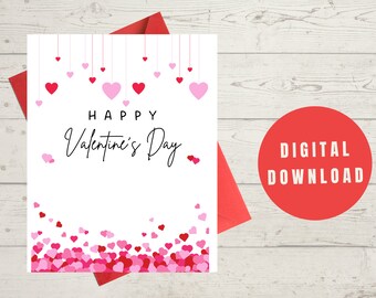 PRINTABLE Happy Valentine's Day Falling Hearts Card Digital Download, Print at Home Card, Valentine's Day Card