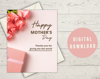 PRINTABLE Mother's Day Pink Rose Card Digital Download, Print at Home Card, Mother's Day Card