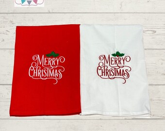 Merry Christmas Embroidered Kitchen Towel - Christmas Tea Towel - Dishcloth - Kitchen Linens - Gift for Cooks