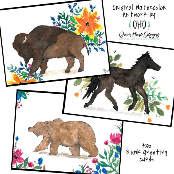 Original Floral Wildlife Watercolor Print Blank Greeting/ Thank You Cards - 4x6 with Envelopes - Individual or Sets