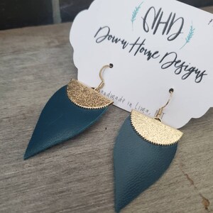Dark Teal Genuine Leather Earrings with Gold Finding