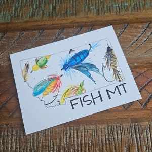 Tarjeta de felicitación en blanco con impresión de acuarela original - 4,5 x 6,25 con sobre - Pesca con mosca