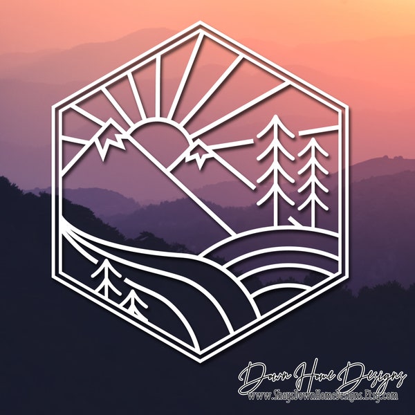 Outdoor Lovers Vinyl Decal | Mountain Scape Hexagon Decal | Outdoor Line Art Decal | Hexagon Mountains, River, Sun Decal