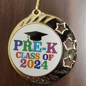 2024, Pre-K Graduation, graduate medal, with neck ribbon, 2 3/8" to 2 3/4" diameter medal with 2" disc, with engraving