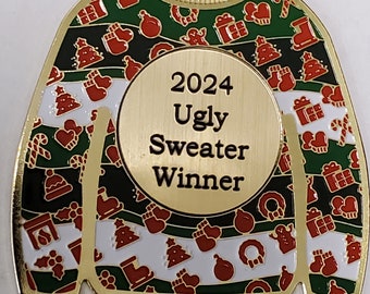 2024 Ugly Christmas Sweater Ornament, prize, award, about 3" high, gold, with ribbon to hang