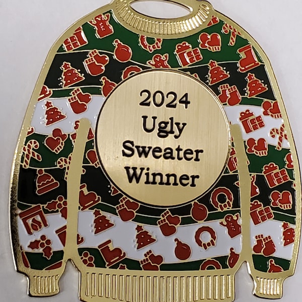 2024 Ugly Christmas Sweater Ornament, prize, award, about 3" high, gold, with ribbon to hang