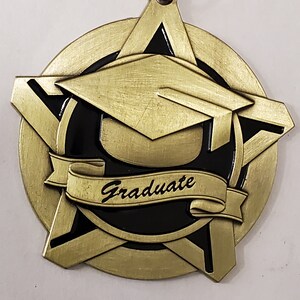 Antique Gold & Black color finish, GRADUATE medal, 2&quot; diameter with lanyard and your engraving