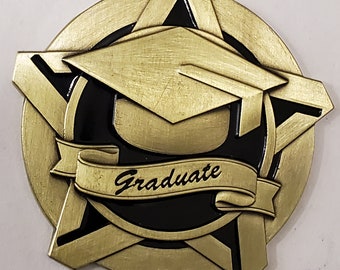 Antique Gold & Black color finish, GRADUATE medal, 2" diameter with lanyard and your engraving