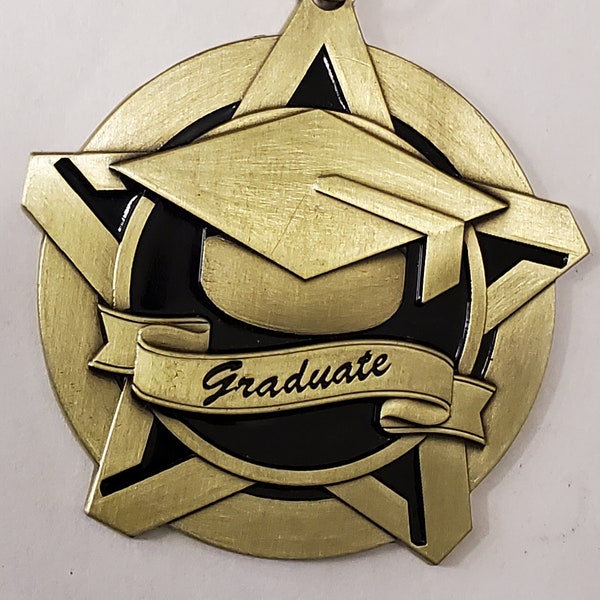 Antique Gold & Black color finish, GRADUATE medal, 2" diameter with lanyard and your engraving