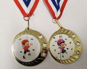 Rock Wall Climbing, boys or girls, gold medal, 2.75" diameter, with your engraving