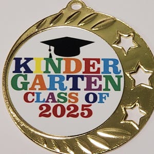 Kindergarten Class of 2025, graduate medal, with neck ribbon, 2 3/4&quot; diameter, with name & date engraved