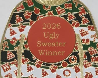 Ornement de chandail de Noël moche 2026, prix, récompense, environ 3 po. de haut, or, avec une ficelle en or pour l'accrocher