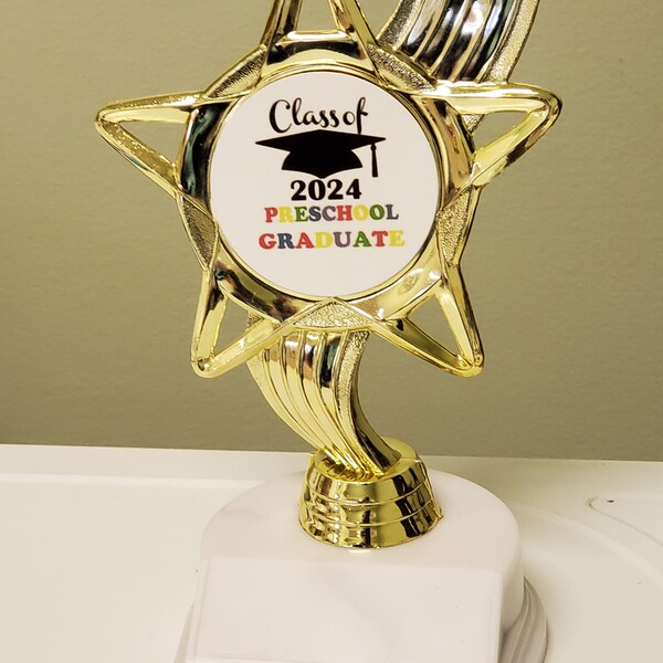 Class of 2024 Preschool Graduation, graduate trophy, with neck ribbon, about 7" tall, with engraving