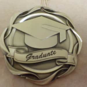 Personalized Antique Gold color finish, GRADUATE medal, 3&quot; diameter with lanyard