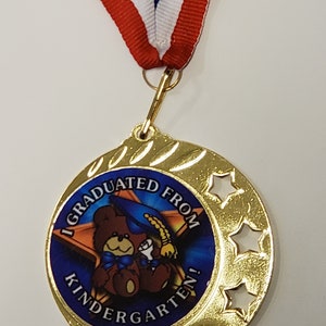 Kindergarten Graduation, graduate medal, with neck ribbon, 2 3/8" to 2 3/4" diameter, and with your engraving