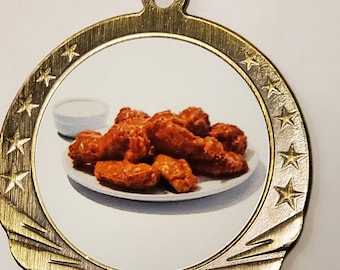 Médaillon ou médaille du concours de mangeurs d'ailes de poulet, gagnant, 1ère place, foire nationale, 2,75 pouces de diamètre, avec votre gravure