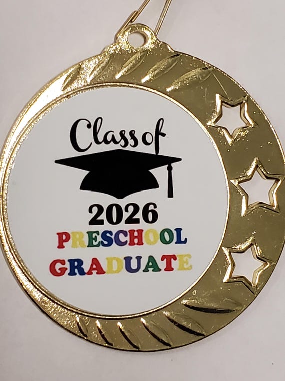 Engraved 2026 Preschool Graduation, graduate medal, with neck ribbon, 2 3/8" - 2 3/4" diameter