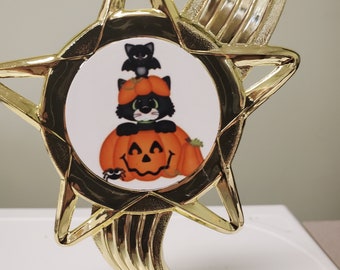 Halloween Party trophy, award, full color insert (you choose design) on top, about 8" tall, with engraving
