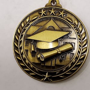 Personalized Antique Gold color finish, GRADUATE medal, 1.75&quot; diameter with lanyard