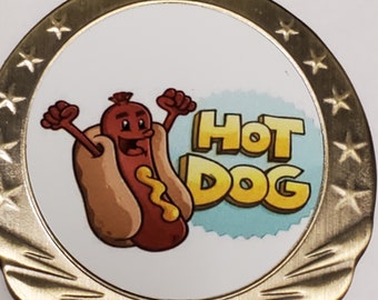 Médaillon ou médaille du concours de mangeurs de hot-dogs, gagnant, 1ère place, foire nationale, 2,75 pouces de diamètre, avec votre gravure