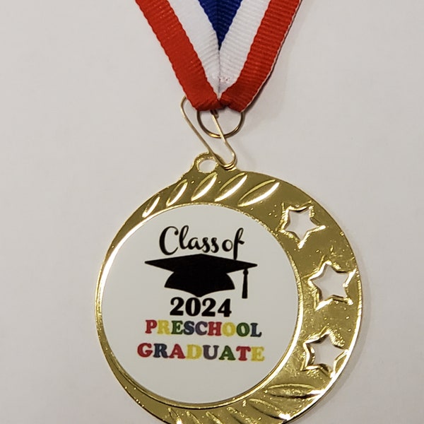 2024, Preschool Graduation, graduate medal, with neck ribbon, 2 3/8" - 2 3/4" diameter, with engraving