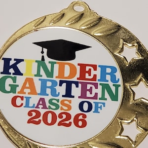 Kindergarten Class of 2026, graduate medal, with neck ribbon, 2 3/4" diameter, with name & date engraved