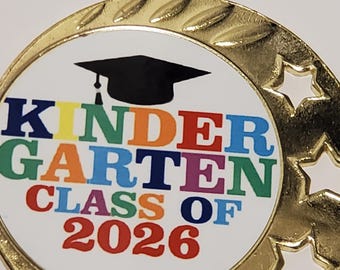 Kindergarten Class of 2026, graduate medal, with neck ribbon, 2 3/4" diameter, with name & date engraved
