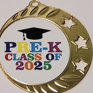 2025 Pre-K Graduation, graduate medal, with neck ribbon, 2 3/8&quot; to 2 3/4&quot; diameter medal with 2&quot; disc, with engraving