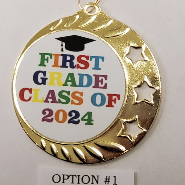 2024 First Grade Graduation, graduate medal, with neck ribbon, 2 3/8" to 2 3/4" diameter medal with 2" disc, with engraving