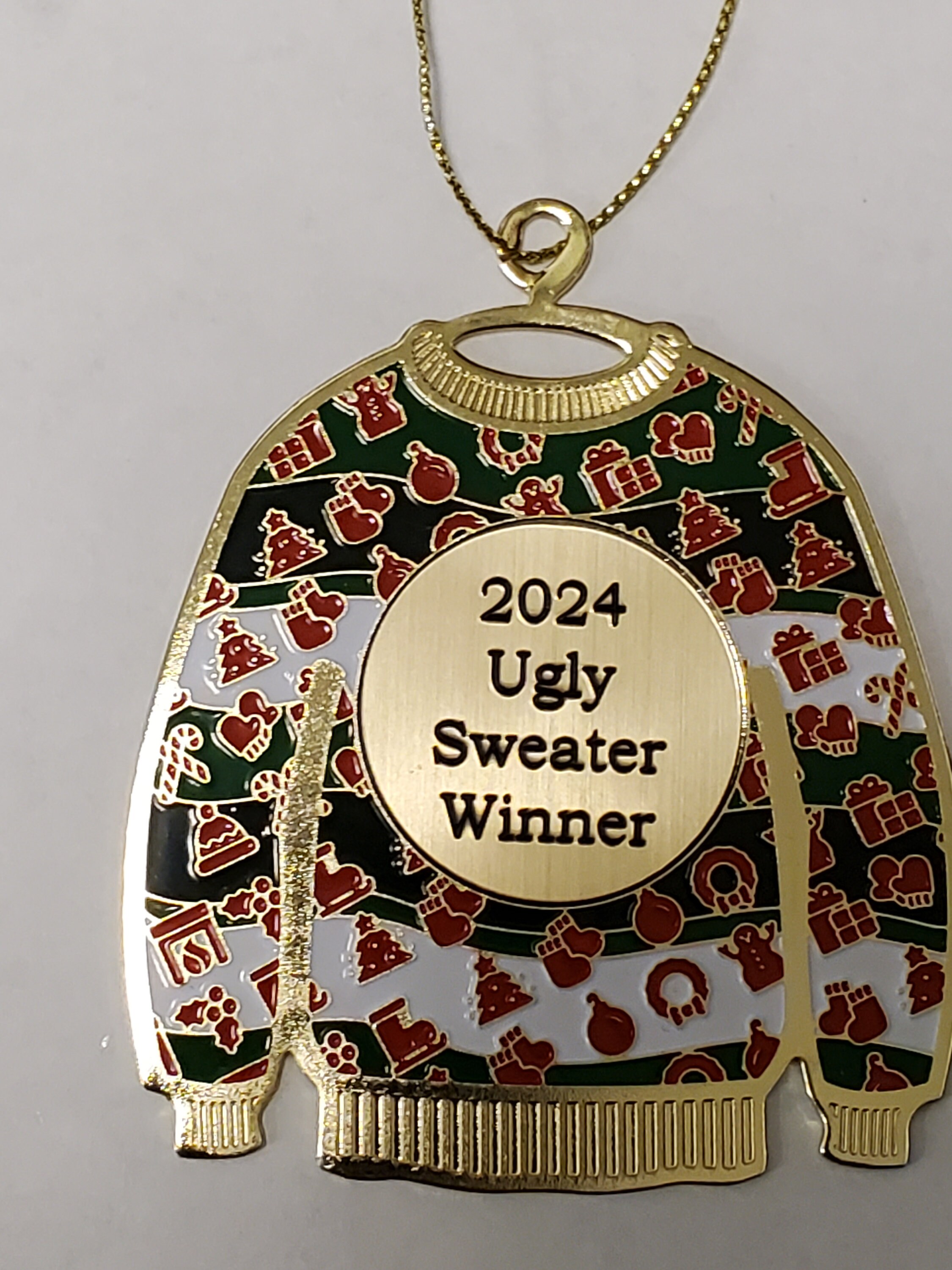 2024 Ugly Christmas Sweater Ornament, Prize, Award, About 3 High, Gold,  With Ribbon to Hang 