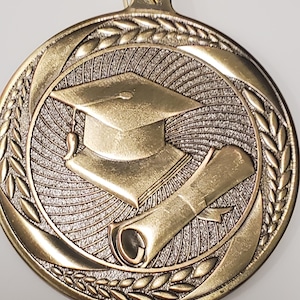 Personalized 2 1/8&quot; Antique Gold color finish, Graduation medal, neck ribbon & engraving