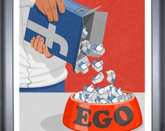 signed limited edition art print of conceptual, satirical  illustration featuring facebook like poured into a bowl