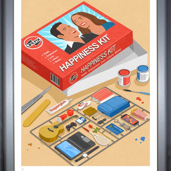 signed limited edition humorous art print of conceptual illustration featuring a modelling kit to make happiness