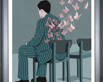 signed limited edition art print of humorous conceptual illustration featuring a man with butterflies fluttering out of him