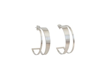 2 in silver statement hoops, large minimalist design hoop stud earrings, sculptural silver hoops, architectural earrings